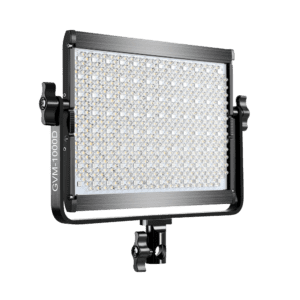 A professional square LED video light panel for photography and video.