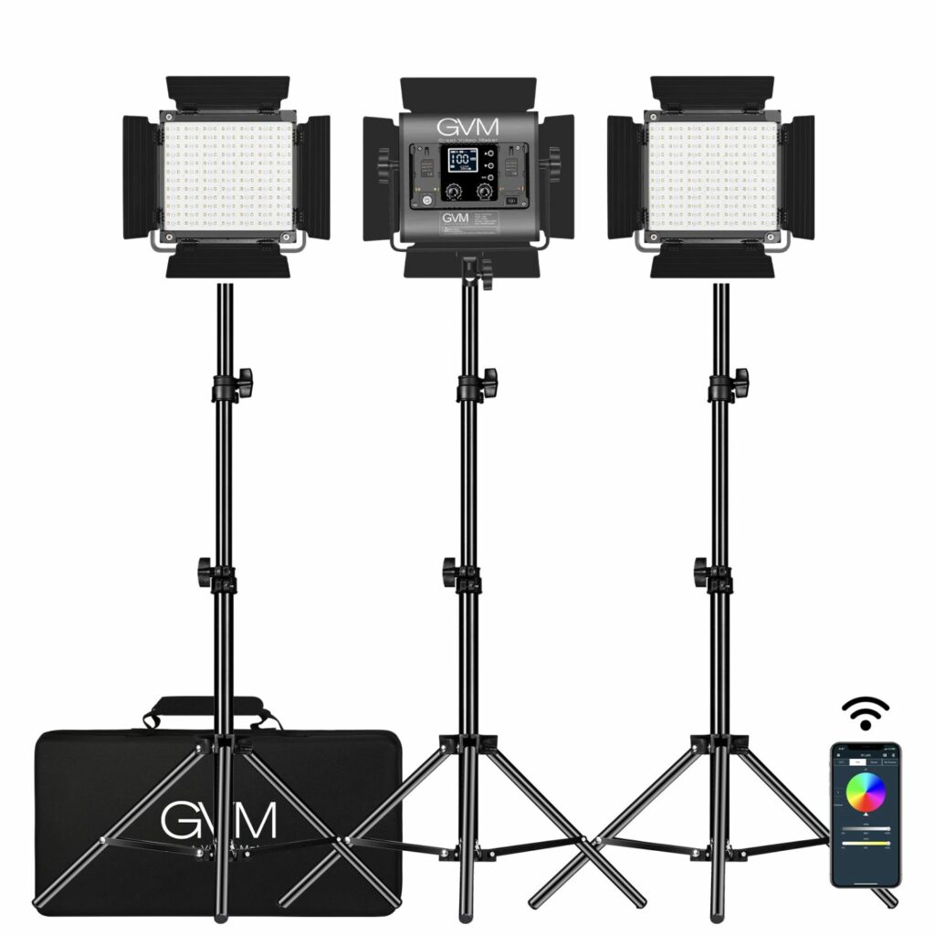 GVM 800D-II-3L complete 3-light studio lights kit for interviews and filmmaking.