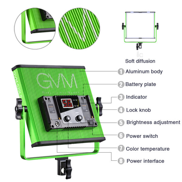GVM-520LS-G 30W High Beam High Brightness Bi-Color LED VIdeo Soft Light Green (No Four-Way Barndoor） - Image 8