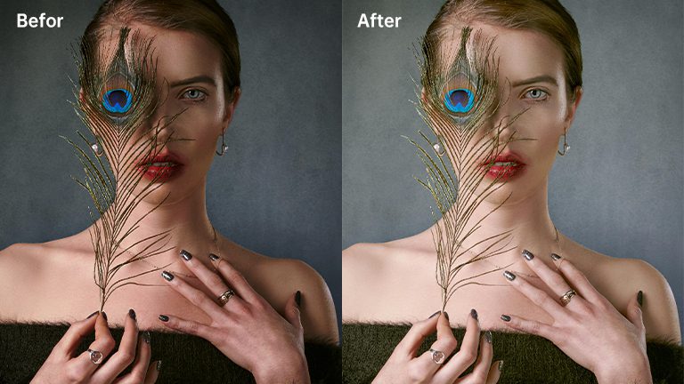 Before and after portrait using studio LED lighting on a model