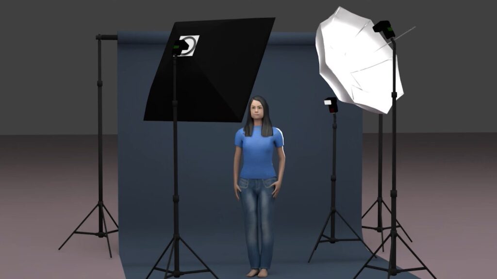 A classic three-point lighting setup in a studio, showing a key light, fill light, and backlight positioned around a subject, illustrating fundamental LED lighting optimization for cinematic depth.