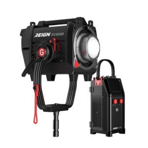 The GVM Reign series high-output bi-color LED light, an IP65-rated weatherproof solution for professional filmmaking. Features DMX and wireless CRMX control for seamless integration on set.