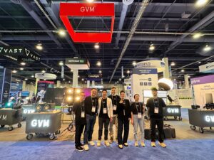 GVM staff and visitors group picture at NAB Show 2025, highlighting connections within the professional studio lighting equipment industry