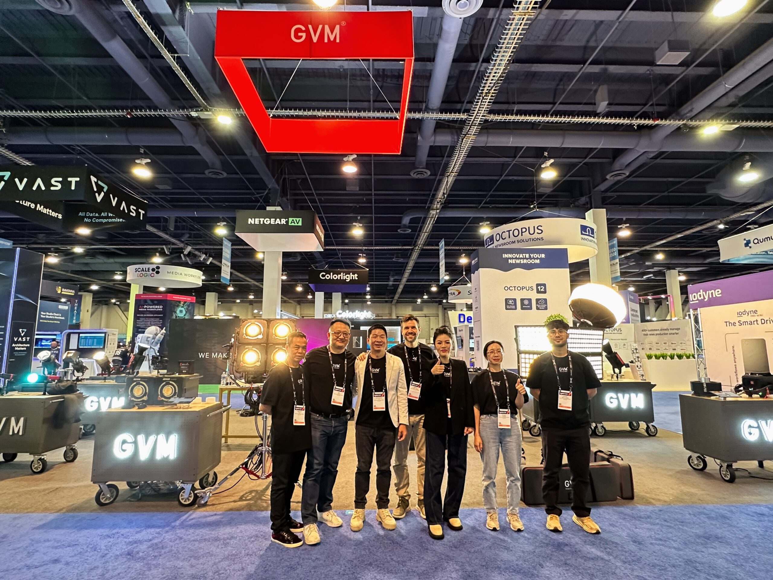 GVM staff and visitors group picture at NAB Show 2025, highlighting connections within the professional studio lighting equipment industry