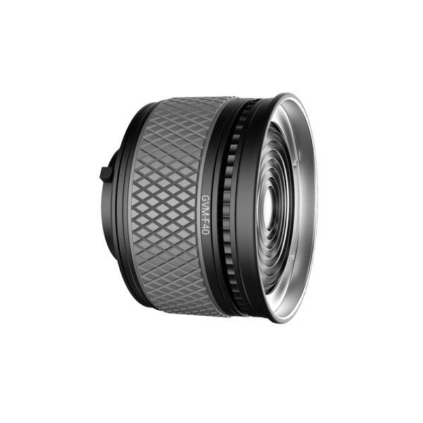 A GVM F40 Fresnel lens attachment, featuring a textured barrel and a clear lens. This attachment is designed to create a precise and adjustable video spotlight.