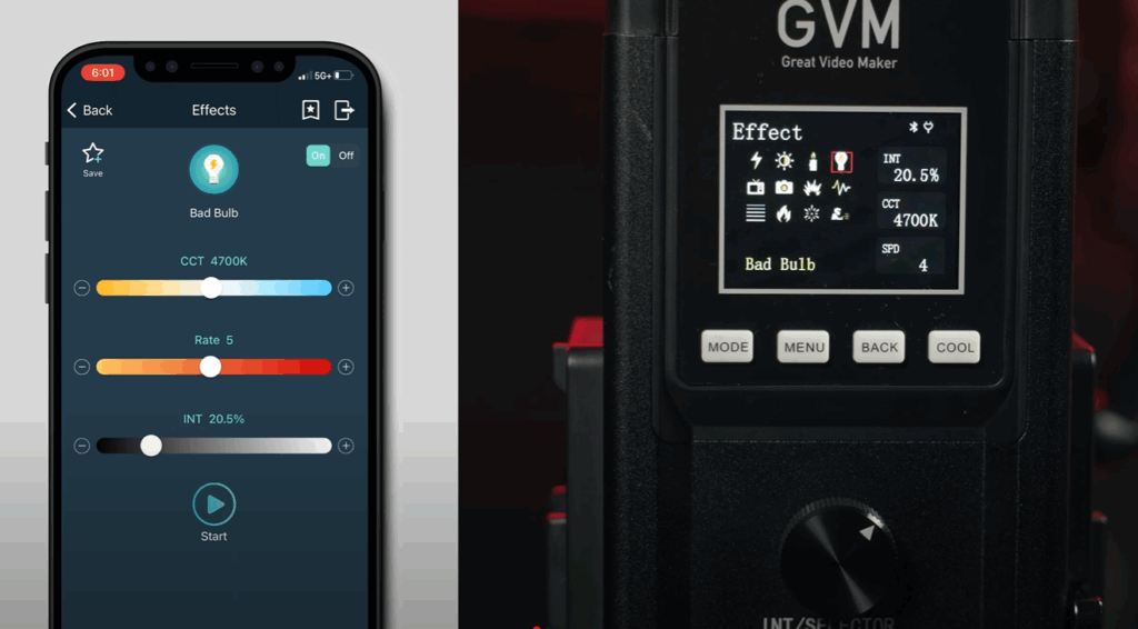 Movie Studio Lights & Film Lights: Color Science for Ideal Cinematic Tones 4 GVM 650C film light showcasing its 12 built-in cinematic lighting effect modes.