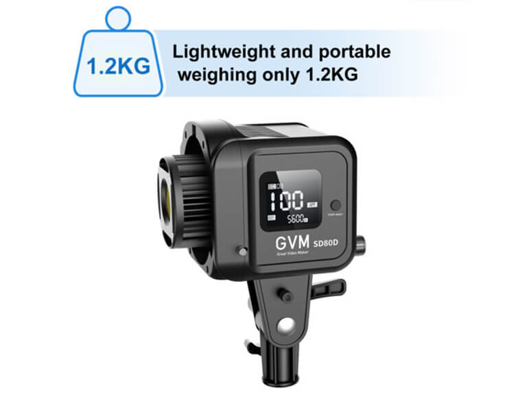 The ultra-portable GVM SD-80 LED video light, showcasing its sleek, modern design. Weighing only 1.25kg, this compact monolight is the perfect lighting solution for creators on the go.