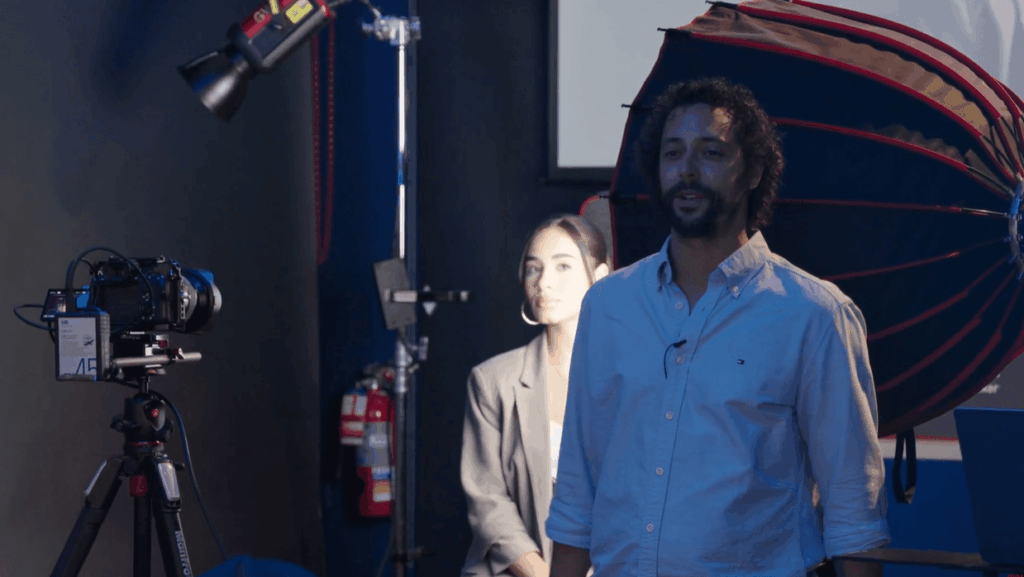 LED vs. Tungsten vs. HMI: Choosing the Right Film Light for Your Project 2 An interview lighting setup using a large softbox on a COB film light to create soft key lighting.