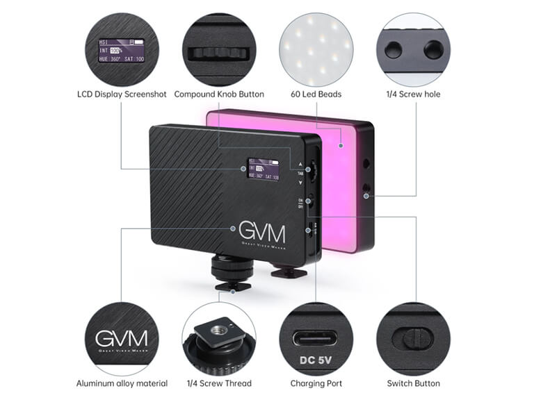 The GVM 8RS, a compact and pocket-sized RGB portable LED video light panel, perfect for mounting directly on a camera.