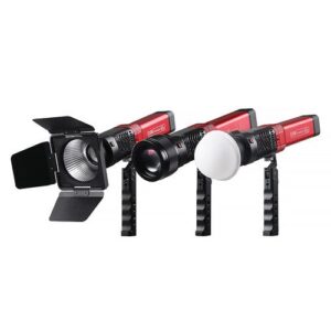 Set of portable GVM LED video lights designed for on-location shoots and mobile productions.