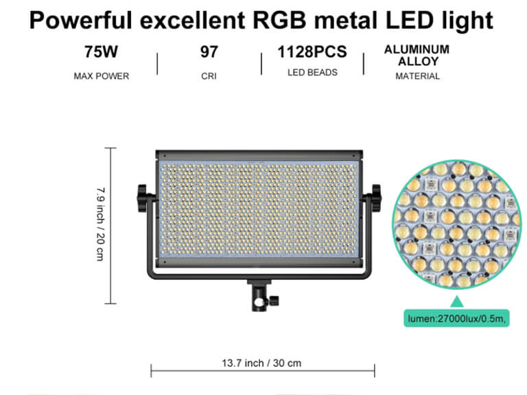 RGB Video Lights vs. Bi-Color: Which is THE Smart Choice for Your Video & Photo Projects? 3 A close-up macro shot of an RGB video light, revealing the dense array of individual red, green, and blue LEDs that mix together to create a full spectrum of color.