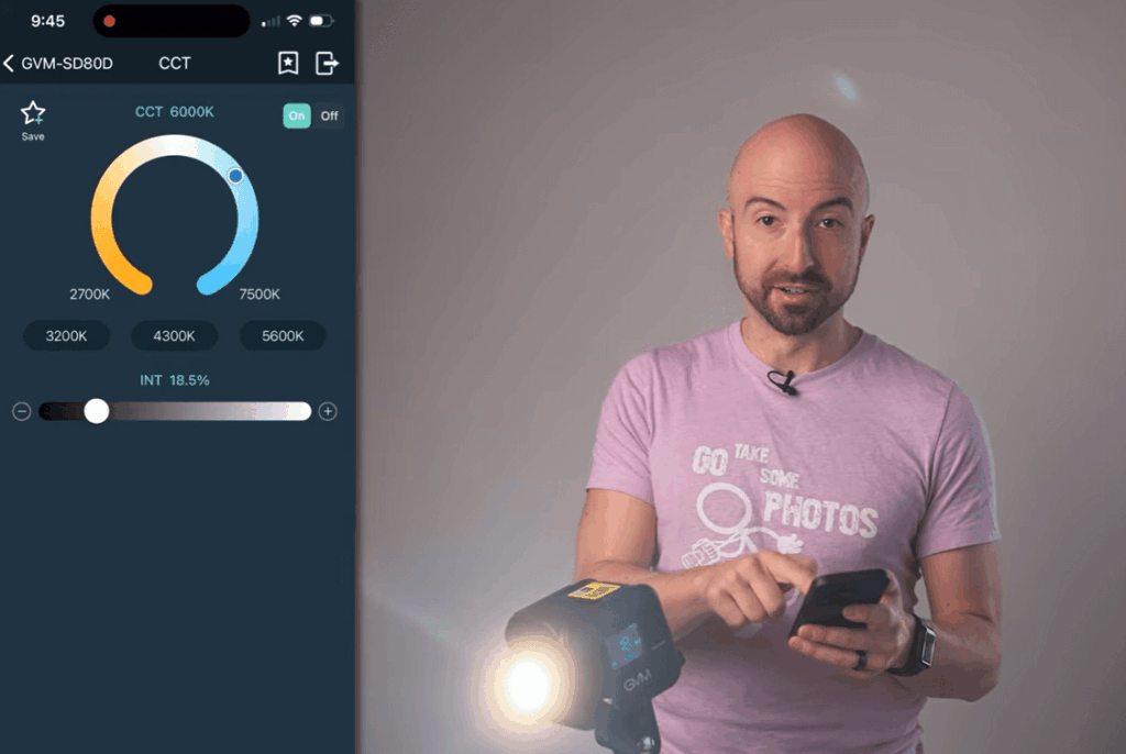 The Ultimate LED Studio Light Guide for Videographers & Photographers (2025) 2 reviewer testing the adjustable CCT range of the GVM SD80D LED studio light, with a close-up on the control panel and LCD screen showing the Kelvin temperature.
