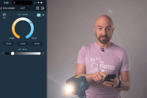 A hands-on review of the GVM SD80D LED studio light, with a close-up of a blogger adjusting its settings for a real-world test.