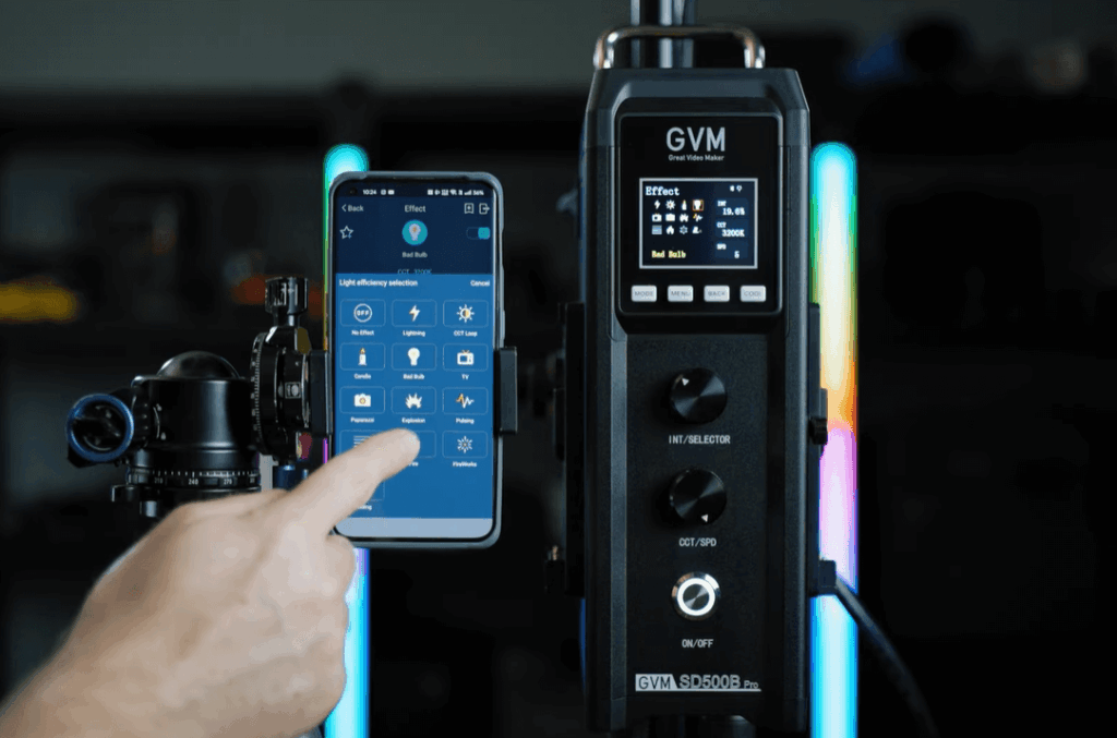 LED vs. Tungsten vs. HMI: Choosing the Right Film Light for Your Project 4 Using a smartphone app for wireless remote control of a GVM LED film light.