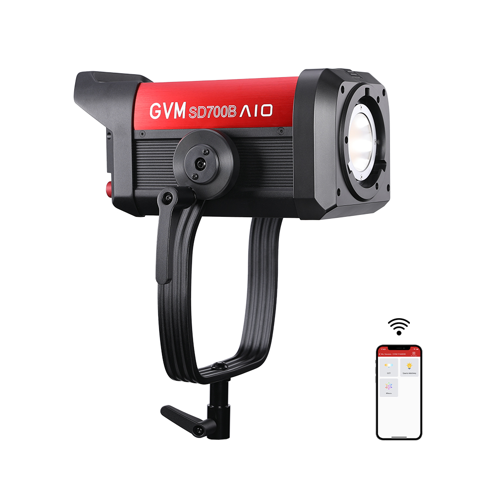 GVM SD700B AIO 700W Bi-Color Integrated Spotlight 6 The GVM SD700B AIO LED video light, showing its Bowens mount and wireless control via a smartphone app, indicating its versatility for best lighting in video recording.