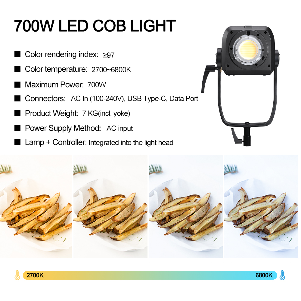 GVM SD700B AIO 700W Bi-Color Integrated Spotlight 2 A GVM 700W LED COB light and its specifications are displayed alongside a four-panel comparison of french fries illustrating adjustable color temperatures (2700K-6800K) for best video recording.