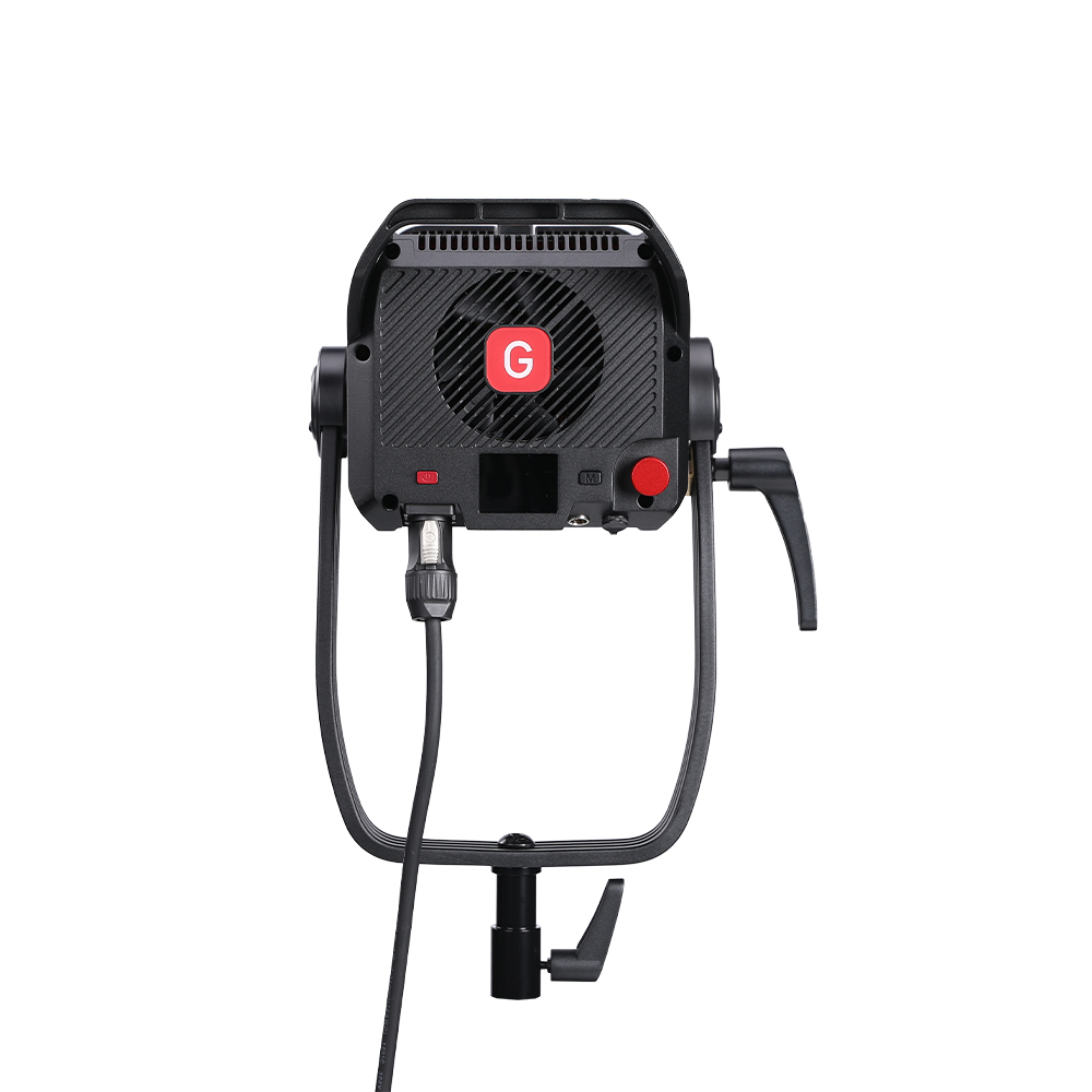 GVM SD700B AIO 700W Bi-Color Integrated Spotlight 5 The back of a GVM SD700B AIO LED video light with a cable connected, highlighting its instant setup for best lighting in video recording.
