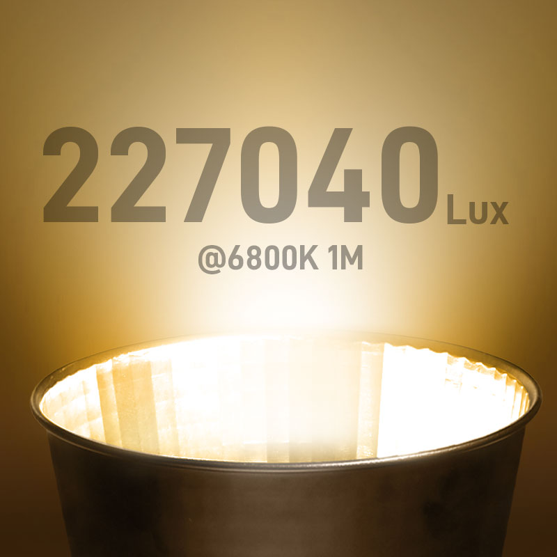 A powerful GVM SD500B AIO LED light with a reflector, emitting a bright glow and showing '227040 Lux @6800K 1M', demonstrating its intensity as a light for video recording.