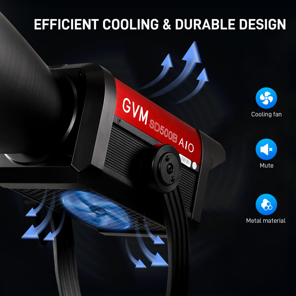 A close-up of the GVM SD500B AIO LED light, showing its fan and airflow arrows, highlighting its advanced cooling system for stable performance as a light for video recording.