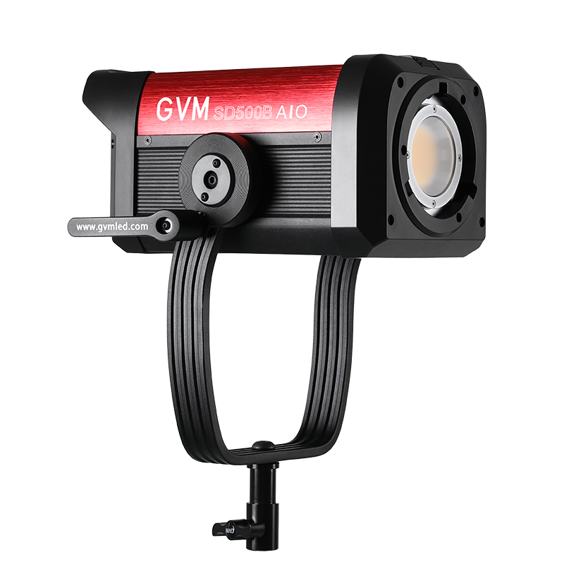 A GVM SD500B AIO LED video light, highlighting its integrated power and control design for best lighting in video recording.