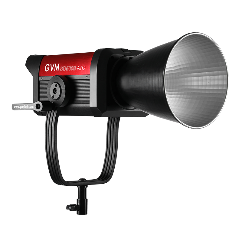 A GVM SD500B AIO LED light with a reflector, designed for high-end production, offering precision light for video recording with adjustable 2700K-6800K output.