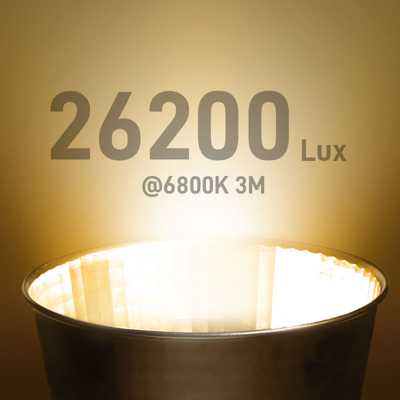 GVM SD700B AIO 700W Bi-Color Integrated Spotlight 3 A GVM video light with a reflector glows brightly, showing a 26,200 Lux output at 6800K, highlighting its powerful illumination for best lighting in video recording.