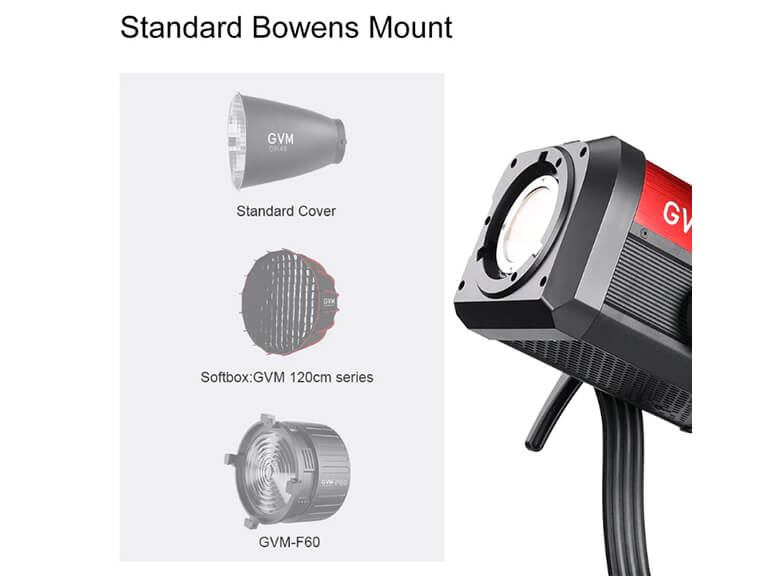 Tired of Juggling Lights? Enter Continue Light for Photo & Video 4 A technical diagram illustrating the Bowens Mount compatibility of the continuous light (continue light) unit, showing various light shaping tools like reflectors, softboxes, and snoots.