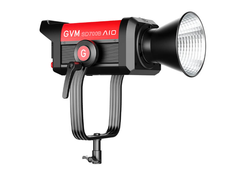 Product shot of the GVM SD700B AIO integrated LED video light, featuring its all-in-one design, standard Bowens Mount, and ergonomic U-bracket for professional filming and cinematic lighting applications.