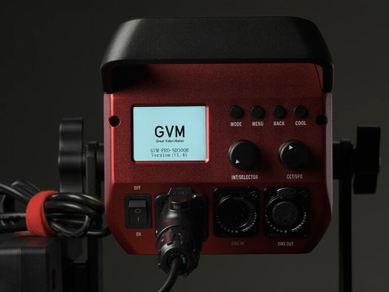 Professional LED Lights: 300W Bi-Color Quality on a Budget 3 A close-up of the rear control panel and display of a GVM professional LED light, showing its brand and connectivity ports.