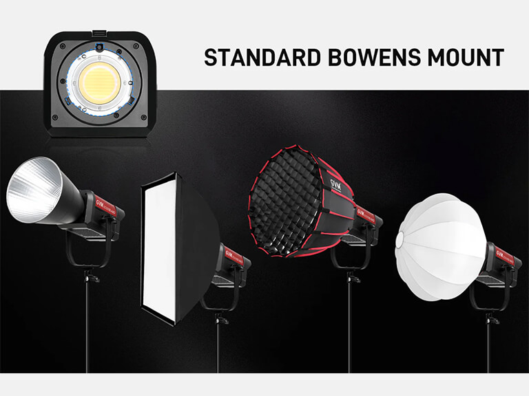 GVM SD300B-AIO: Your All-in-One 300W LED Video Light 11 Four GVM lights mounted on stands, showcasing different light shaping modifiers: a standard reflector, a rectangular softbox, a parabolic softbox with a honeycomb grid, and a spherical lantern softbox.