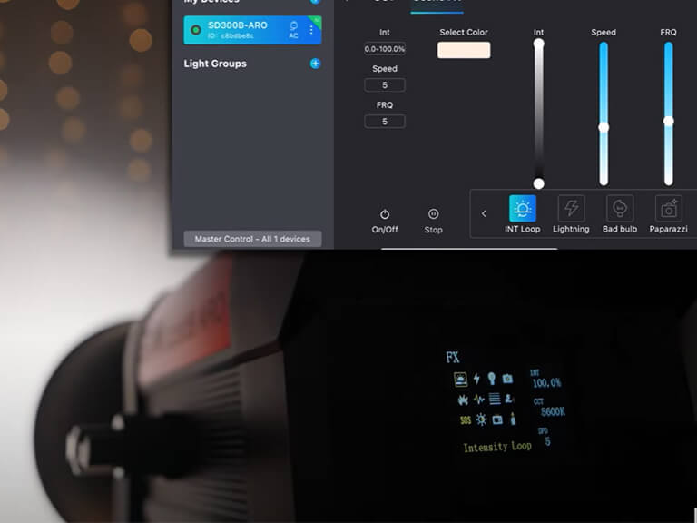 GVM SD300B-AIO: Your All-in-One 300W LED Video Light 3 A screenshot of the GVM SD300B-AIO's intuitive mobile app, showing precise light controls, with the GVM 300W LED video light in the background. Highlighting advanced wireless control for simplified workflow.