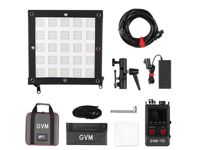 From Compact to Custom: Exploring the GVM Z100B 100W Portable Light 6 Complete kit of GVM Z100B 100W portable light including LED panel, power cables, control box, and carrying accessories