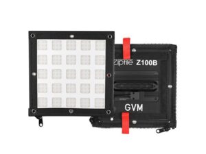 Close-up rear view of GVM Z100B photography lighting showing robust heat sink design and side mounting bracket for stable studio performance.