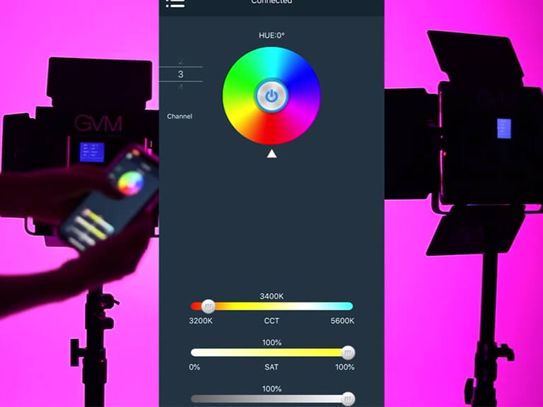 Podcast Background Lighting Ideas: Add Ambiance & Depth to Your Studio 5 A smartphone screen displaying a lighting control app with a color wheel, demonstrating precise color adjustment for RGB LED lights in a podcast studio.