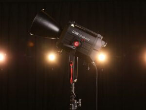 The Ultimate Product Photography Lighting Setup & Tips 9 GVM 1200B AIO portable spotlight showcased with studio background lighting.
