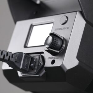 Best Studio Light for Video Shooting - Close-up of GVM F300B AIO control panel with intuitive LCD screen and adjustment knob for precise settings.