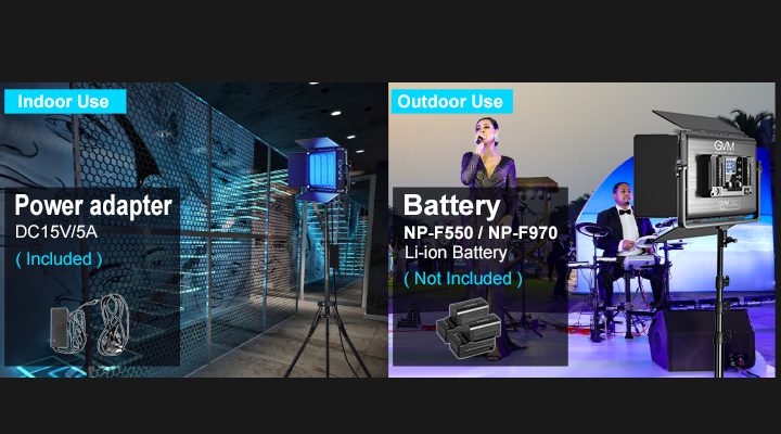 Dual power supply modes of GVM 1300D led video light panel illustrating AC adapter for indoor use and battery support for outdoor shooting