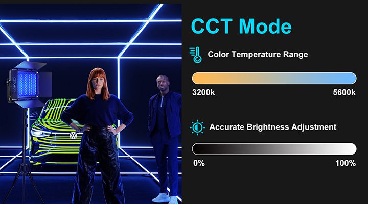 CCT mode interface of GVM 1300D led video light panel displaying 3200K to 5600K color temperature range and brightness adjustment