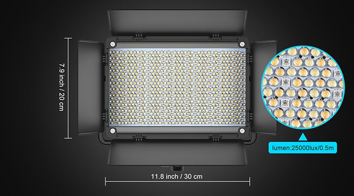 Front view of GVM 1300D led video light panel showing 11.8x7.9 inch dimensions and 25000 lux high brightness data
