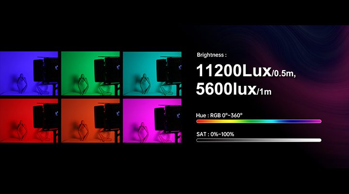 11200Lux brightness data and RGB color spectrum display of GVM 880RS RGB LED Panel Lights for Photography
