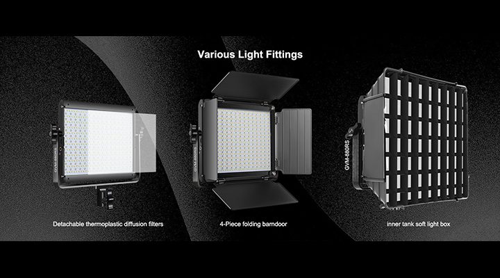 Various light fittings including diffusion filter, barndoors, and softbox for GVM 880RS RGB LED Panel Lights for Photography