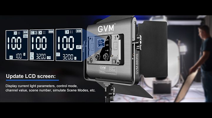 Upgraded LCD screen displaying light parameters on GVM 880RS RGB LED Panel Lights for Photography