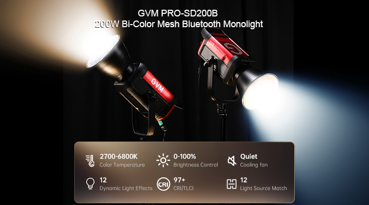 GVM PRO-SD200B 200W Bi-Color Mesh Bluetooth Monolight 7 PRO SD200B 核心功能合集2