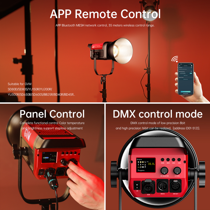 GVM PRO-SD300B 300W Bi-Color Monolight V-mount Mesh Bluetooth 5 PROSD300B控制方式
