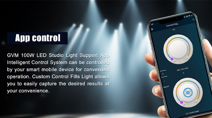 Smart App interface controlling GVM Professional LED Studio lights via smartphone