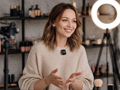 Beauty content creator recording a studio video wearing a compact GVM wireless lavalier microphone clipped to her sweater.
