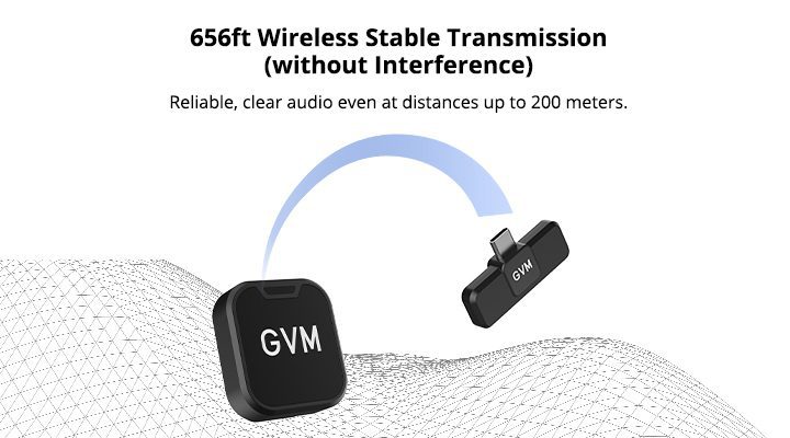 Graphic illustrating the 656ft stable transmission range of the GVM CM2 wireless lavalier microphone system without interference.
