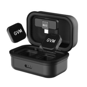 GVM CM2 wireless lavalier microphone system featuring a portable fast-charging case with two transmitters for all-day battery life.