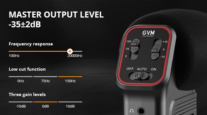 Close-up of GVM QX-6 microphone back panel featuring physical switches for 3-stage gain control (-10dB, 0dB, +10dB) and low-cut filter (75Hz, 150Hz).