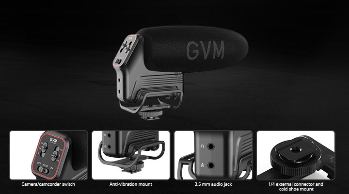 GVM QX-6 side profile highlighting the integrated shock mount structure, 3.5mm headphone jack for real-time monitoring, and standard cold shoe mount.